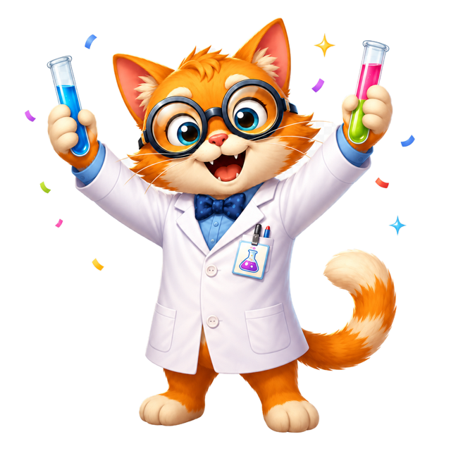Professor Mewton celebrating with test tubes